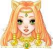 Pixel portrait of a young woman with flowing orange hair and cat ears. She has large green eyes in an anime style and is wearing large gold jewelry