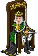 A king sitting on a wood throne with gold inlay, holding his sword and looking suspiciously to the side. He is wearing green robes with white fur trim, a black tunic, and white stockings with cross patterns.