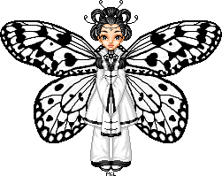 Doll in black and white with large butterfly wings (primarily white, with black lines and spots). Her hair is up in a series of intricate loops