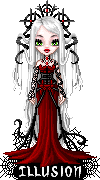 Gothic doll with white hair, red dress, intricate black accessories, standing
