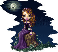 Vampiric brunette doll in a dark purple dress with fishnet sleeves, sitting on a tree stump in the moonlight