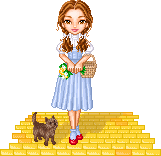 Doll based on Dorothy from the Wizard of Oz, carrying a basket, with a small dog at her feet