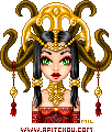 Pixel portrait of a woman in a large golden headdress. She has black hair and shapes around her head resembling branches or tentacles