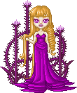 Pale-skinned doll with golden blonde hair wearing a deep magenta dress, surrounded by thistle flowers