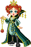 Royal doll with red hair in an updo, wearing a crown and lush green-and-gold robe and holding a red pendant