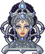 Pixel portrait of a woman's face on a robotic form, primarily silver with blue ornamentation. It is unclear whether she is human or mechanical.