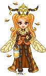 Queen bee doll with a wide golden headdress, orange pigtails, and insect wings. She is wearing a brown striped dress and surrounded by tiny moving bees.