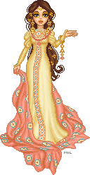 A doll with long, wavy brown hair that curls at the end and is decorated with golden flower-shaped accessories. She wears a long, pale gold dress with puffed shoulders and a deep neckline. It has a patterned pink-and-blue panel stretching down the center front which matches a coral shawl or blanket held in one hand.