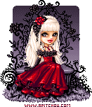 Gothic doll with white hair, red dress, intricate black accessories, sitting