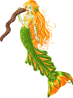Gray-skinned mermaid doll with flowing orange hair and a long green tail with orange frills. She is communing with a brown eel.