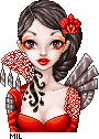 Pixel portrait of a pallid woman with dark hair dressed in red. She has a red orchid in her hair, a red lacy collar and sleeve, and metallic ornaments forming a wing shape behind one shoulder.