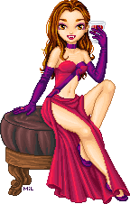 Vampiric brunette doll in a revealing magenta dress and long red gloves, holding a glass of red liquid, sitting on an ottoman