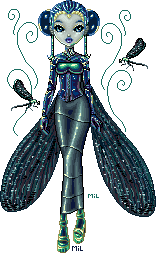 A tall sci-fi doll with grey skin and dragonfly wings. She is wearing dark, shiny clothing of unknown material