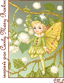 Fairy doll with a green and yellow color palette in a rectangular frame with branches, leaves, and flowers