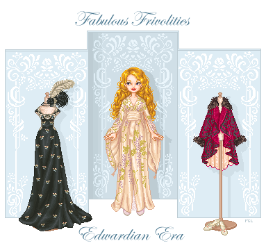 A larger scene featuring three panels. In the center a doll with long blonde hair wears a cream-colored dress with floral patterning. On either side of her are two mannequins, one wearing a a black evening gown and the other wearing a short red robe. Text: Fabulous Frivolities, Edwardian Era