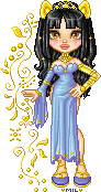 Standing doll with long black hair, a gold cat-ears tiara, an asymmetrical blue dress, gladiator sandals, and several gold bracelets