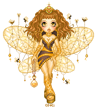 Queen bee doll with wavy amber hair, insect wings, and a brown and yellow asymmetrical striped dress. She has a crown and is surrounded by small bees, animated to float up and down.