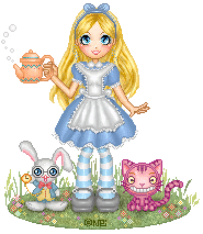 A doll with long pale blonde hair, a blue bow and dress, a white apron, striped stockings, and mary-janes, holding a teapot. She stands in a round patch of flowers with a white rabbit and cheshire cat.