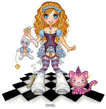 A doll with long wavy golden hair wearing a corset with a revealing neckline, puff sleeves, a short skirt made up of layers of ruffles, garters, striped stockings, and spats. She stands on a checkerboard floor next to a cheshire cat, and holds a white rabbit plush toy.