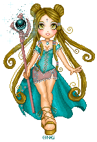 A fantasy doll with long brown hair in two buns and pigtails that curl at the ends. She wears a teal corset top with a short skirt, gladiator sandals, and a teal cape behind her, and holds a staff surrounded by blue sparks.