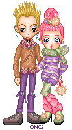 A boy and girl pair of fashionable dolls based on the manga of Ai Yazawa. The boy has blonde hair sticking up straight; the girl has pink hair in a bun.