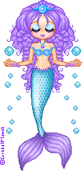 Mermaid doll with pale purple ringlets and a blue gem tiara. She has blue eyeshadow and closed eyes. She holds her arms out and a bubble floats above each hand. Her bra and tail are matching shades of blue, with purple fins that match her hair.