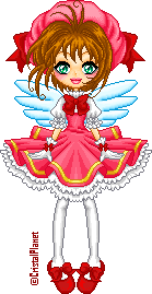 A doll of Cardcaptor Sakura from the anime of the same name. She has fluffy white wings and a frilly pink dress and hat. She also wears white stockings and has red ribbons on her hat, shoes, and at her collar.