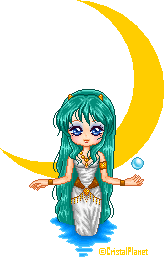 An animated doll based on Lum from Urusei Yatsura, posing in front of a crescent moon, standing in water up to her knee and holding a levitating blue orb. She has long teal hair, small orange horns, and is wearing a toga-style dress with gold accessories.