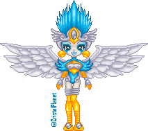 A fantasy doll with pale gray skin and feathered bird wings. She wears a gold and blue leotard outfit and a winged headpiece. Her blue hair goes up in spikes. She has two large golden sphere earrings.