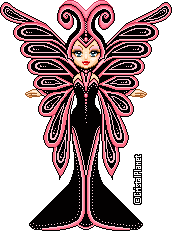 A doll in a very theatrical pink-and-black butterfly costume that includes enormous wings with multiple sections, a headpiece that comes up into swirling antennae, and a full-length sleeveless dress with a mermaid cut.