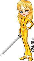 A doll of The Bride from the Kill Bill movies (as played by Uma Thurman). She has long blonde hair, wears her signature yellow jumpsuit, and holds a katana.