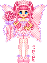 A doll with a pink and white color palette. She has long pink pigtails and a ruffled head accessory in lolita style with two roses. She is holding a bouquet of matching roses and has large fairy wings. Her dress has a square neckline and layered puff-sleeves, with a short skirt and petticoats. She is also wearing fishnet stockings and pink mary-jane shoes.
