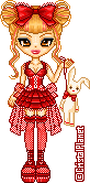 A doll wearing a red lolita-style dress with a bustier, corset, and short, layered skirt. She has a partially transparent bustle and thigh-highs with boots. Her hair is blonde and in two buns (space buns) with bangs and a red bow in the center. She holds up a stuffed bunny.