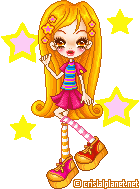 A cartoon-style doll with long blonde hair that curls at the ends and 4 stars behind her. She has a t-shirt and pink skirt, striped knee-high socks, and big red-and-gold sneakers.