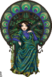 Art Nouveau-inspired doll with peacock motif
