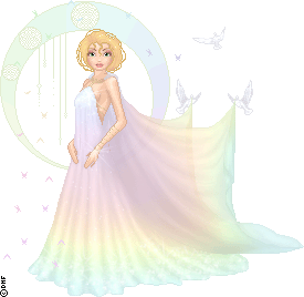 Rainbow goddess doll accompanied by butterflies and doves. She stands in front of a circular frame.