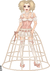 Rococo doll wearing historical undergarments including a corset and cage for her skirt.