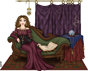 Seated doll within a detailed scene. A lamp and purple curtain hang from a curtain rod behind her. She sits on a green curved fainting couch beside a table with a crystal ball and incense.