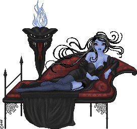 A doll with blue skin and black hair that floats around her lounges on a red fainting couch. Behind her is a devil face sculpture with blue fire.