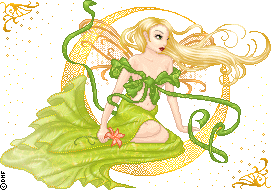 Art-Nouveau-inspired Spring Fae doll sits in an intricate, circular gold frame. Her blonde hair floats beside her. She has golden dragonfly wings and wears a flowing green dress.
