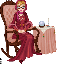 Blonde doll with large glasses wearing a red dress and headscarf sits in a fancy pink rocking chair next to a small table with a crystal ball.