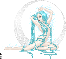 Water goddess doll sits in an intricate, circular silver frame. Her long blue hair flows over her like water and covers her body like clothes.