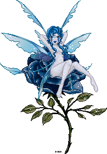 A fairy doll with light gray skin and blue, wavy hair. She has 8 thin, fluttery blue fairy wings and is sitting in a blue rose. She has facial markings on her cheeks and is wearing no clothes, although nothing inappropriate is visible.