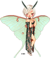 A fairy doll with wings based on the luna moth. She has closed eyes, chin-length white hair, fluffy black antennae, and holds her hands over her chest. Her dress has a high slit for one leg and is draped off the shoulders; it is made from black patterned fabric and has a sash at the waist and long sleeves reminiscent of a kimono.