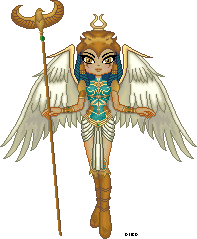 A fantasy doll with wide feathered white wings and an eagle staff that looks to be styled after Egyptian culture. She wears an eagle headdress and has dark hair in twists. She wears a blue and gold bustier with tan puff sleeves and a draped toga-style skirt.