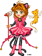 A doll of Cardcaptor Sakura with black cat ears, wearing a pink and black frilly dress and holding her distinctive wand. She is accompanied by a yellow mouse creature with white wings.