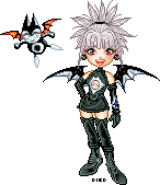 A doll with spiky white hair that fans out around her head like a sun. She wears thigh-high black leather boots and a short black dress with a cut-out at the center of her chest. She also has long black gloves and bat-like wings. She is accompanied by a bat-like creature.