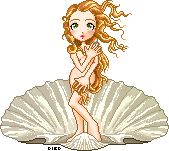 A doll absed on the Birth of Venus, by Sandro Botticelli. She is naked and covers herself with her hands; she has flowing golden wavy hair and stands in a massive sea shell.