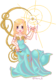 Sitting doll in blue dress with an illuminated floating sun and round gold frame