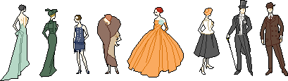 Pixel art of 8 figures in historical dress. One is a flapper, and two are gentlemen
